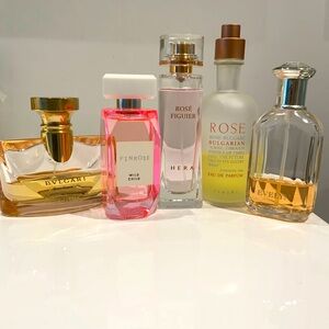 Bulgari Rose Essential EDP and group of rose scents